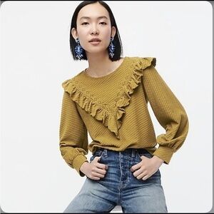 🔵 SALE 3/$25 JCREW RUFFLED TRIM HONEYCOMB EYELET LONG SLEEVE GREEN TEXTURED TOP